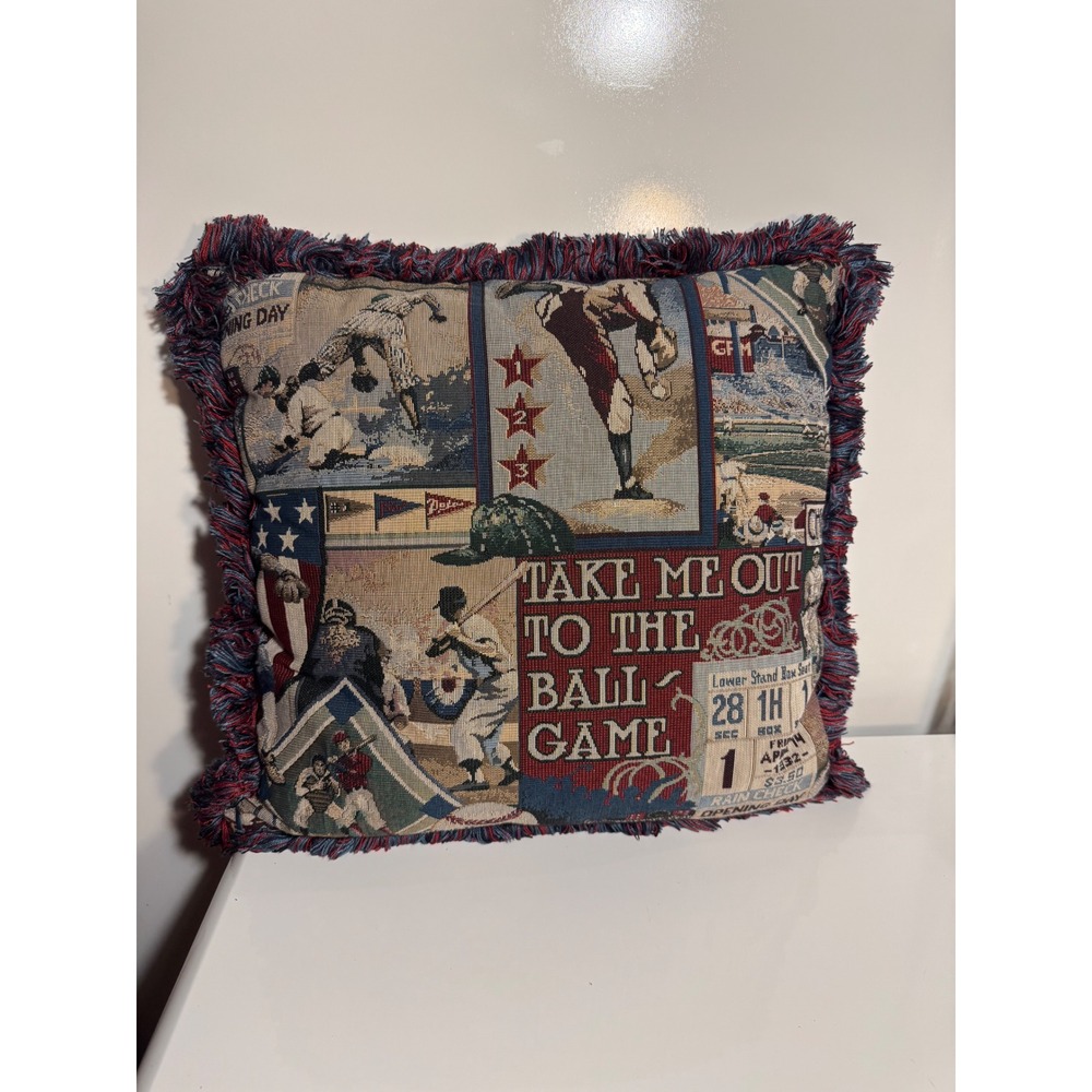 Vintage Baseball Tapestry Throw Pillow Take Me Out To The Ball Game Fringe 17x17
